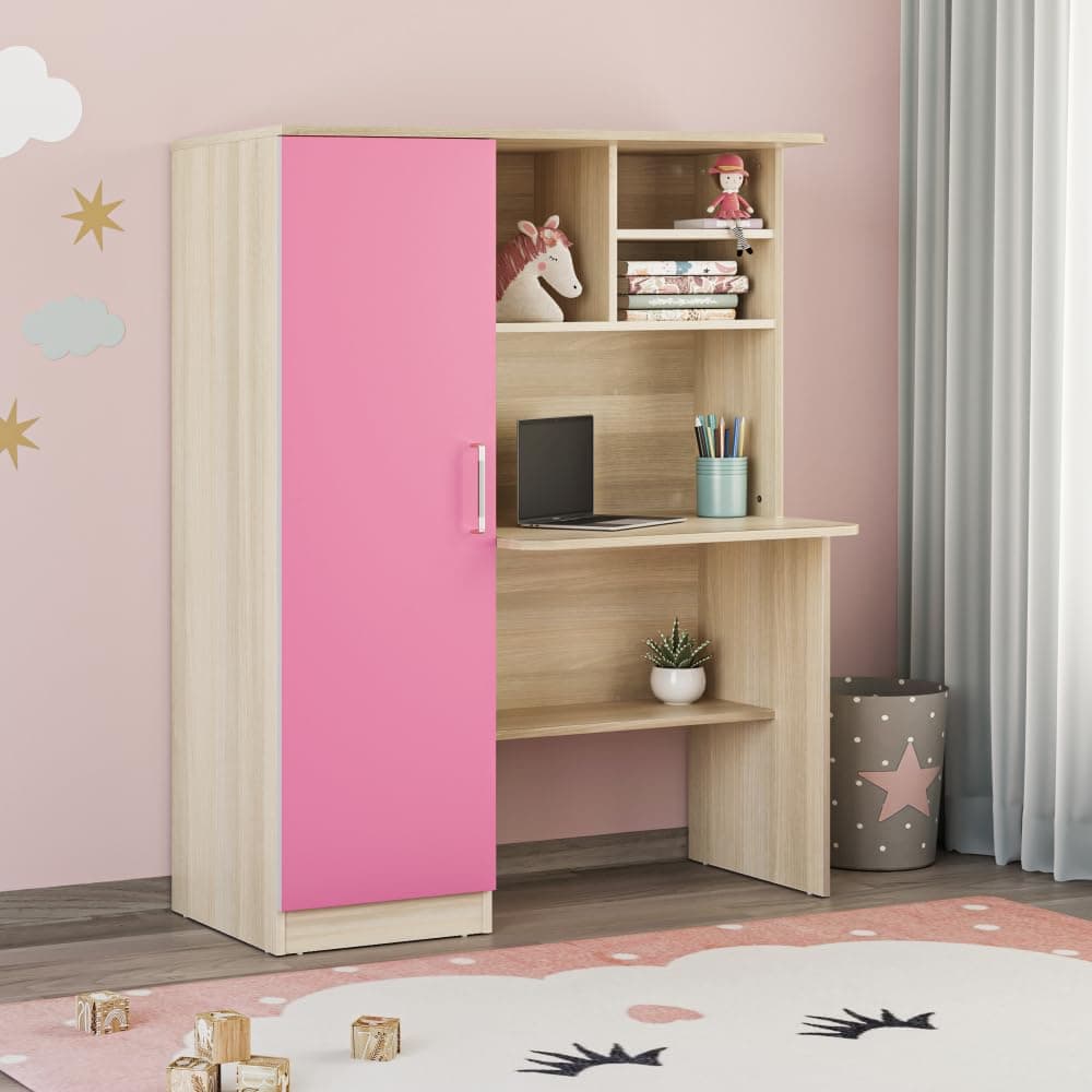 Wakefit Kids Wooden Study Table with Storage | Engineered Wood Study Desk for Kids with Bookshelf & Cabinet | Writing Table for Students | 5-12 Years | Chip - Moldau Acacia & Pink