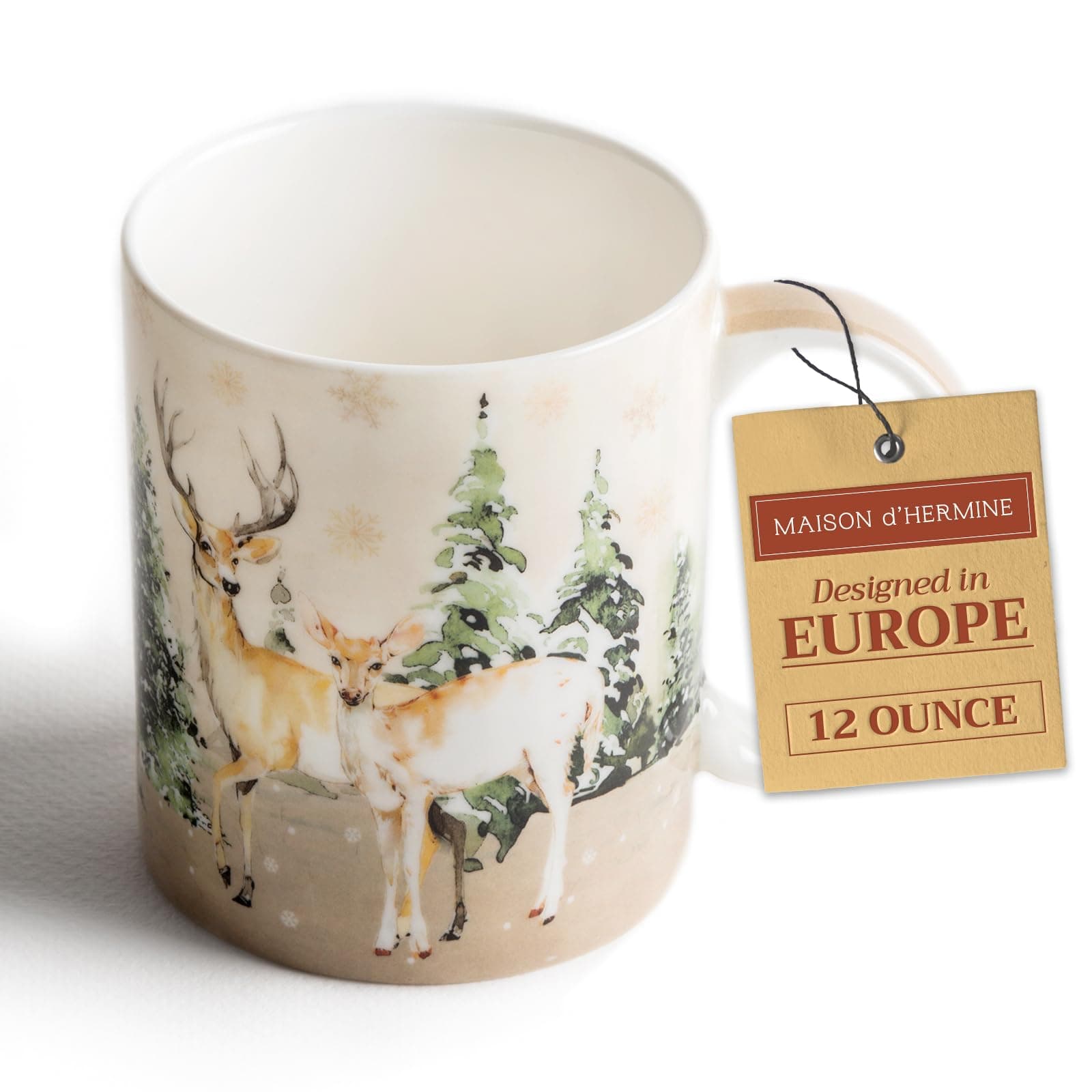 Maison d' Hermine Coffee Mug with Handle Fine Bone China Mugs Pack of One Tea Cups for Hot Beverages Cappuccino Latte Home Restaurant Gifts for Mothers day (Deer In The Woods - Forest Deer, 12 Ounce)