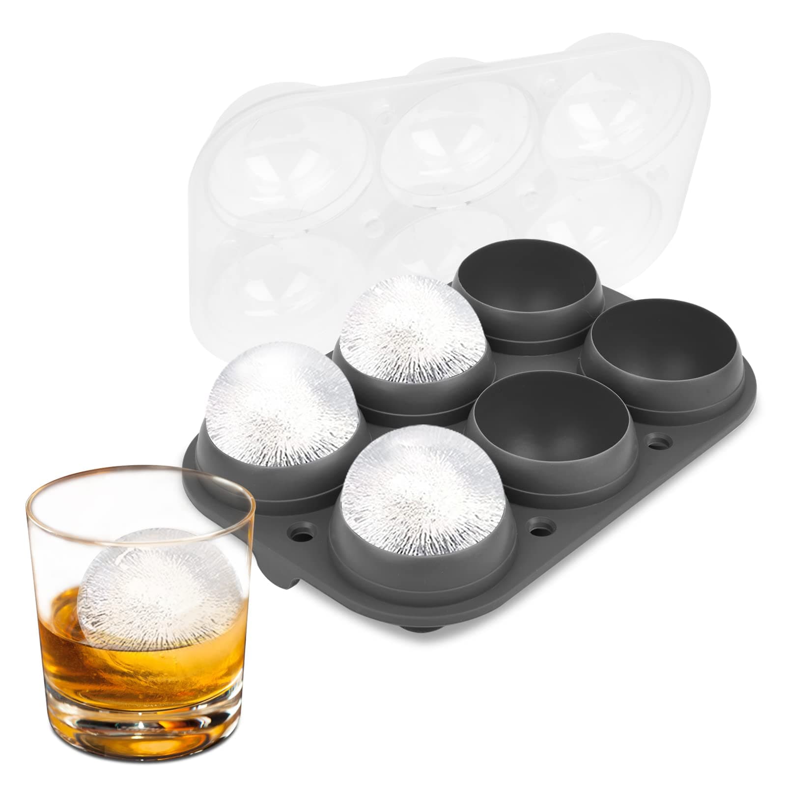 Samuelworld Large Sphere Ice Mold with Lid, 6 x 2.5 inch Ice Balls - Food Grade, Easy To Fill Round Silicone Ice Tray, Perfect Spheres Craft Ice Maker for Whiskey, Cocktails, Gifting - Grey