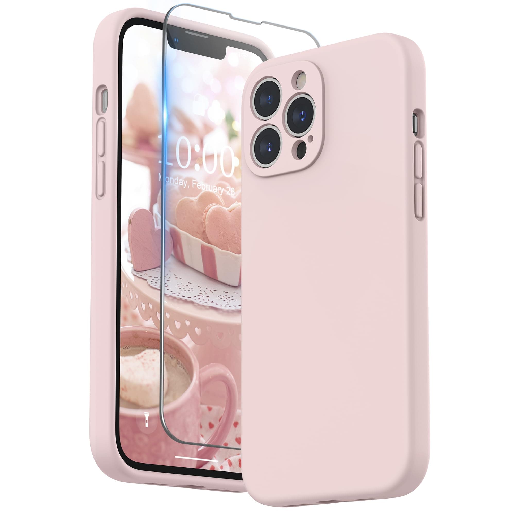 SURPHY Compatible with iPhone 13 Pro Max Case with Screen Protector, (Camera Protection + Soft Microfiber Lining) Liquid Silicone Phone Case 6.7 inch 2021, Pink Sand