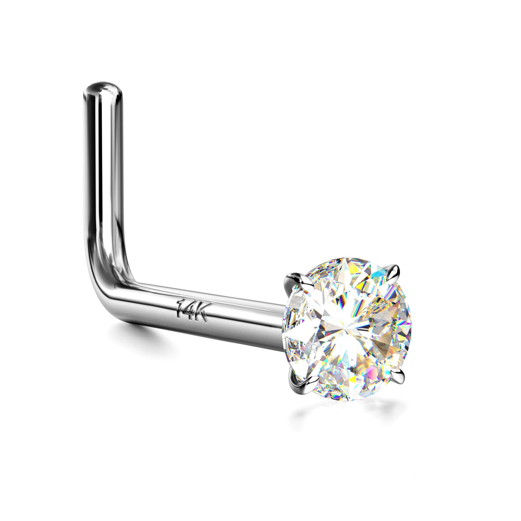 14K Real Gold Nose Studs, 18G 20G Solid Gold L Shaped Nose Rings, Simulated Diamond CZ Hypoallergenic Nose Piercings for Women Men 1.5 2 3MM