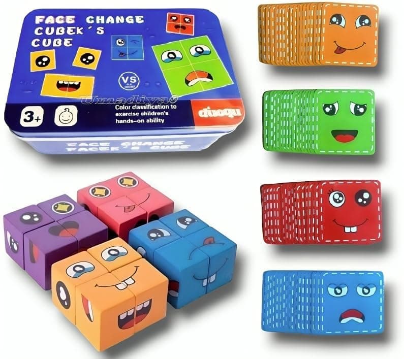 Umadiya® Face Changing Cube Building Blocks Puzzle, Wooden Face Expression Toy, Educational Face Matching Family Board Game for Kids (16 Wooden Puzzles and 72 Cards) (with Metal Box)