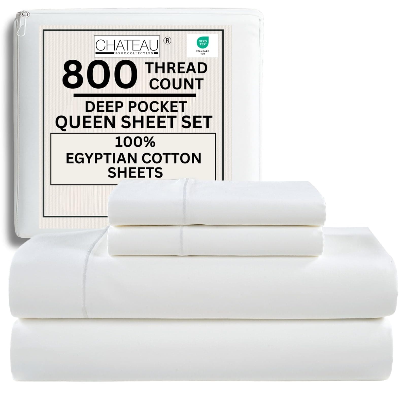 CHATEAU HOME COLLECTION Queen Size Bed Sheets, 800 Thread Count Egyptian Cotton, 4 Piece Set, White