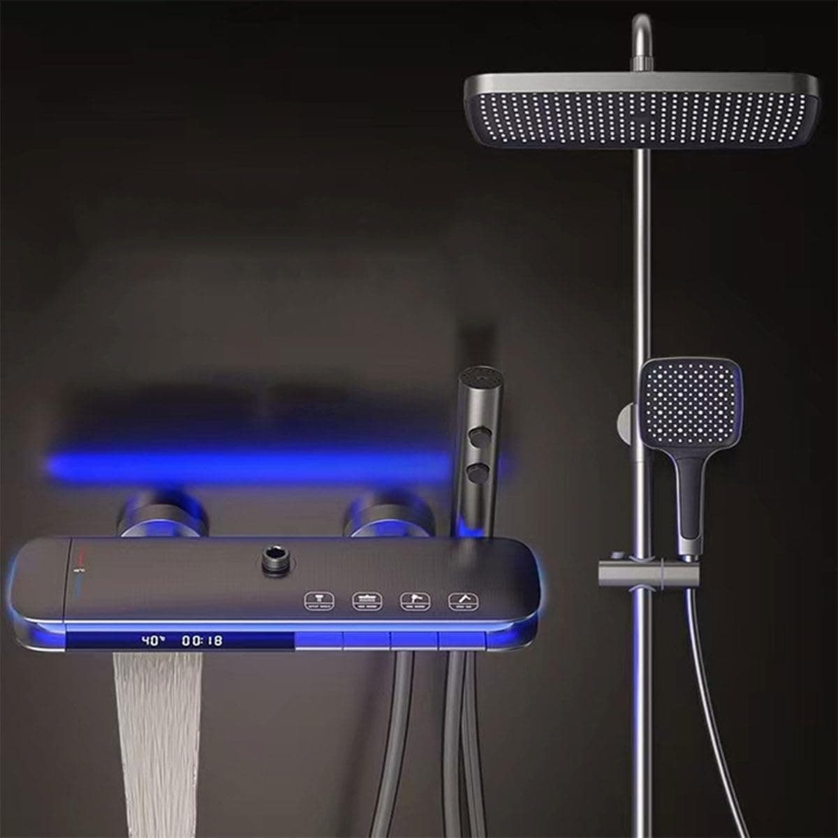BEITH Thermostatic Shower System, Piano Keys Shower Column with Digital Display, Ambient Light 360° LED, 31 x 20 cm Square Shower Head, with Bath Taps, Spray Gun