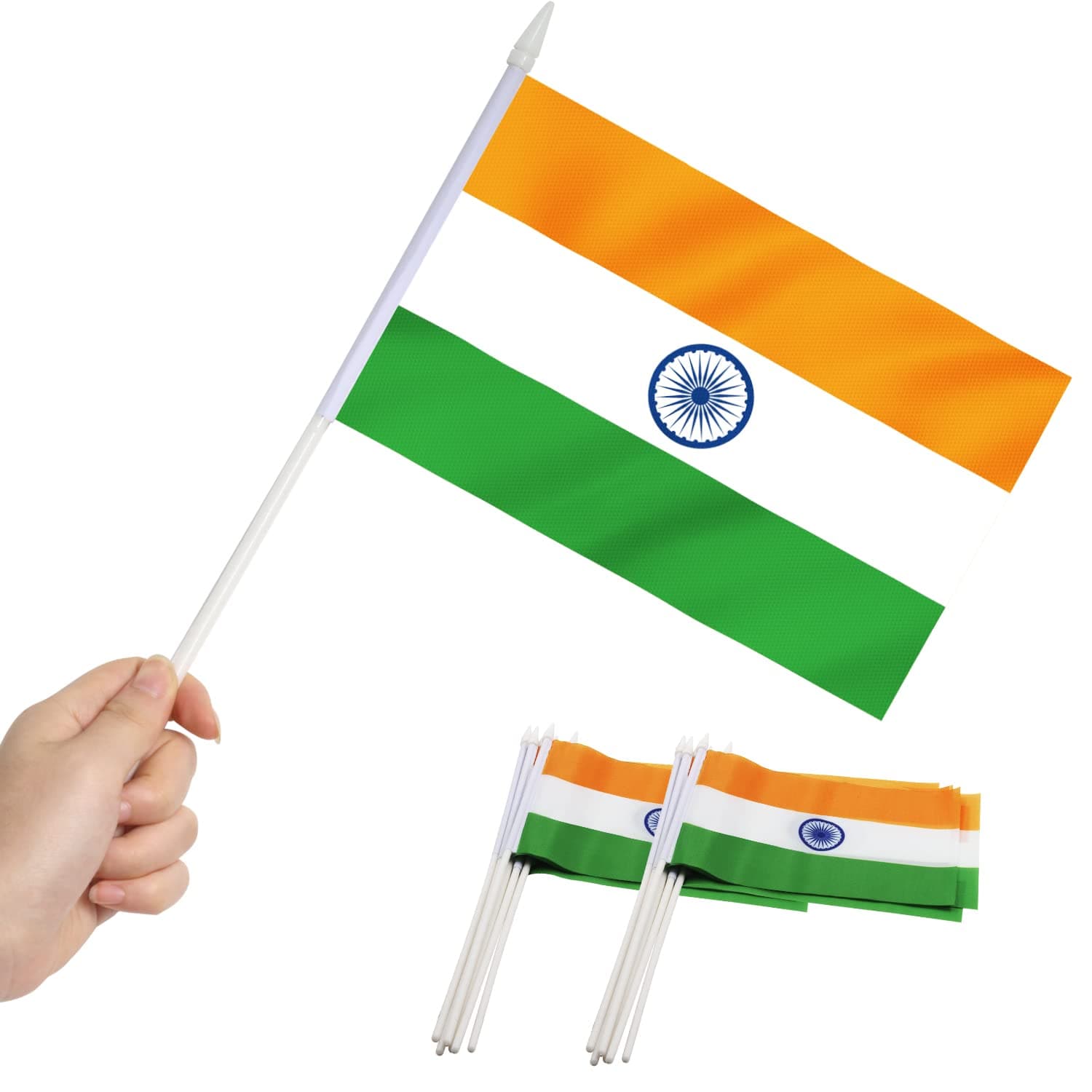 Anley India Mini Flag 12 Pack - Hand Held Small Miniature Indian Flags on Stick - Fade Resistant & Vivid Colors - 5x8 Inch with Solid Pole & Spear Top