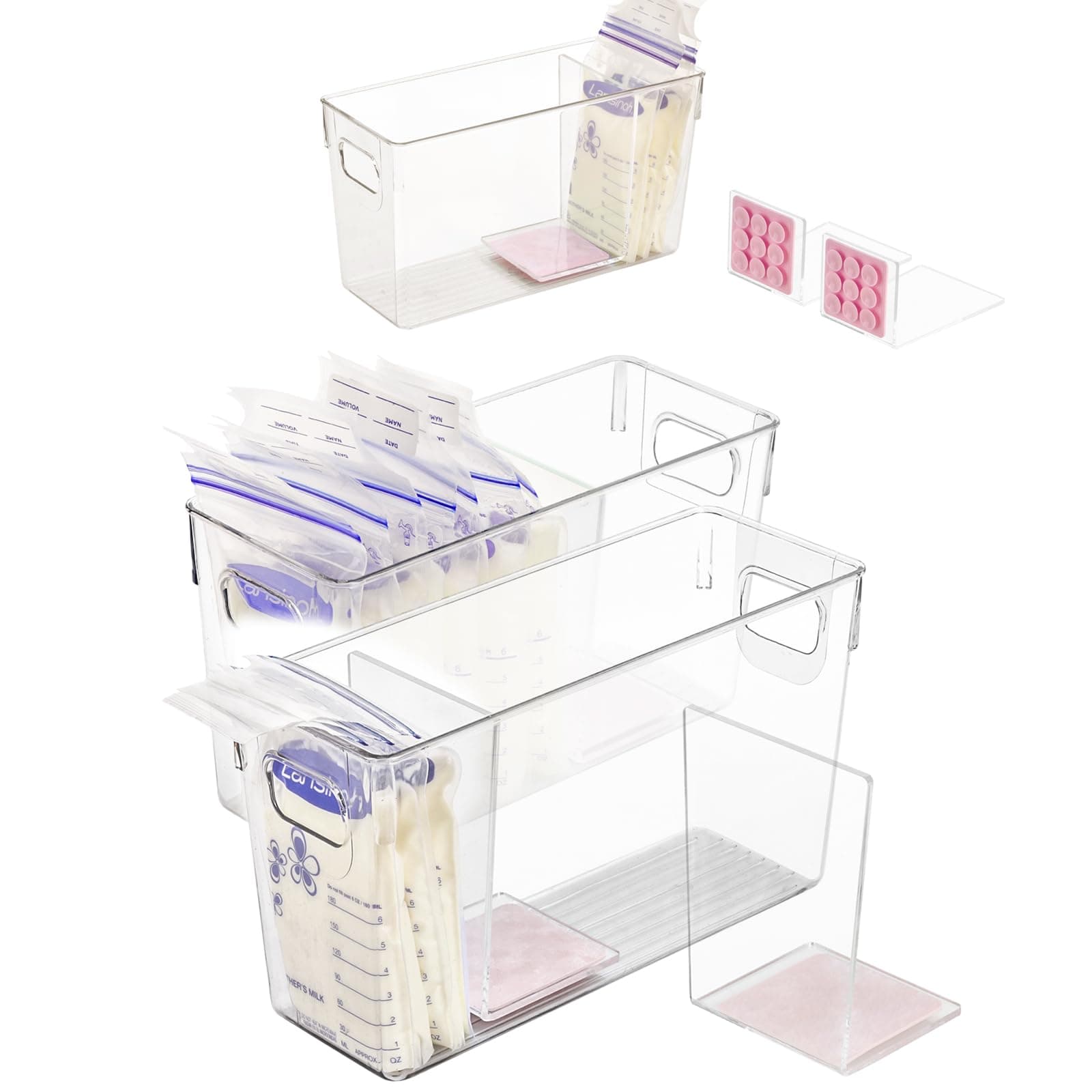 Breastmilk Storage Container with L Shaped Separator Plates, Plate Will Flatten Standing Breast Milk Bags in Organizer Bins to Save Refrigerator Space | 2 Containers Plus 4 Pink Plates in Total.