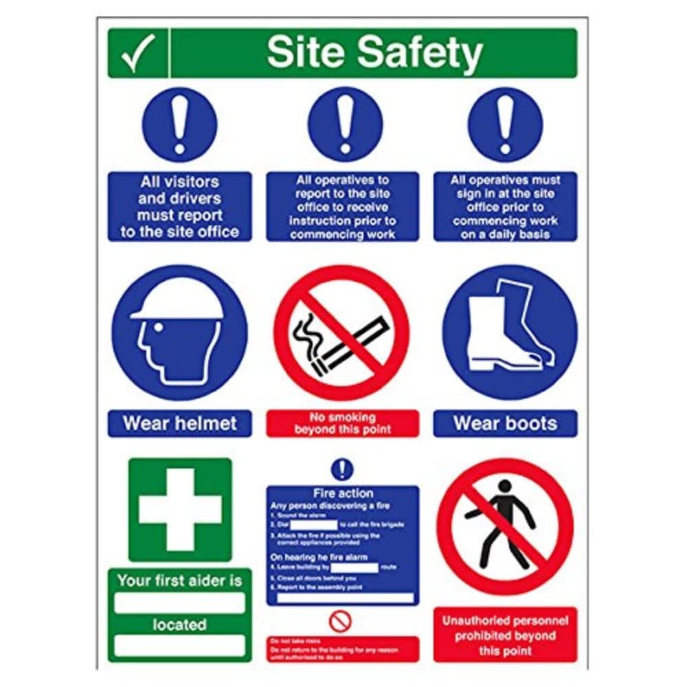 Vsafety Multi Hazard Site Safety Notice 9 Points 3 Column Warning Sign - 450mm x 600mm - 2mm Rigid Plastic