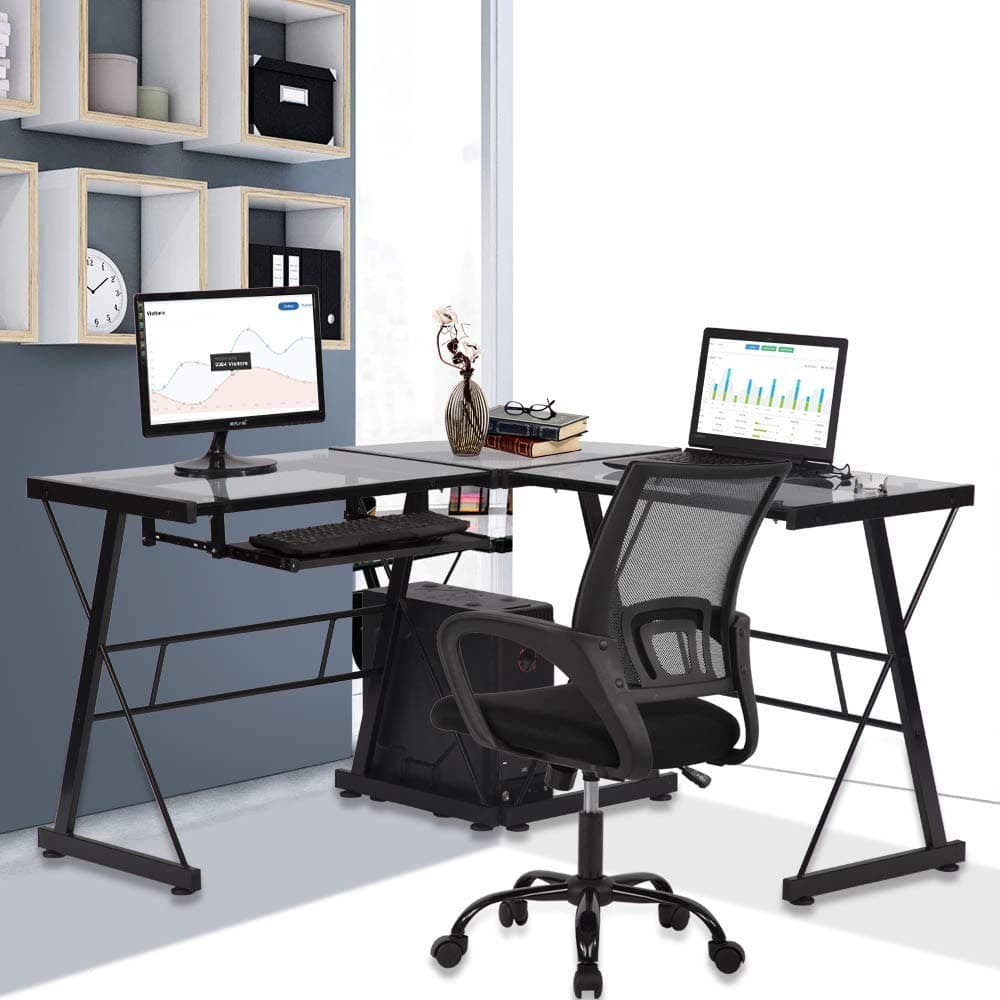 Glass Computer L Shaped Desk - with Keyboard Tray and CPU Stand,Home Office Corner Gaming Desk,PC Laptop Desktop 3-Piece Workstation Table by XXFBag - Clear