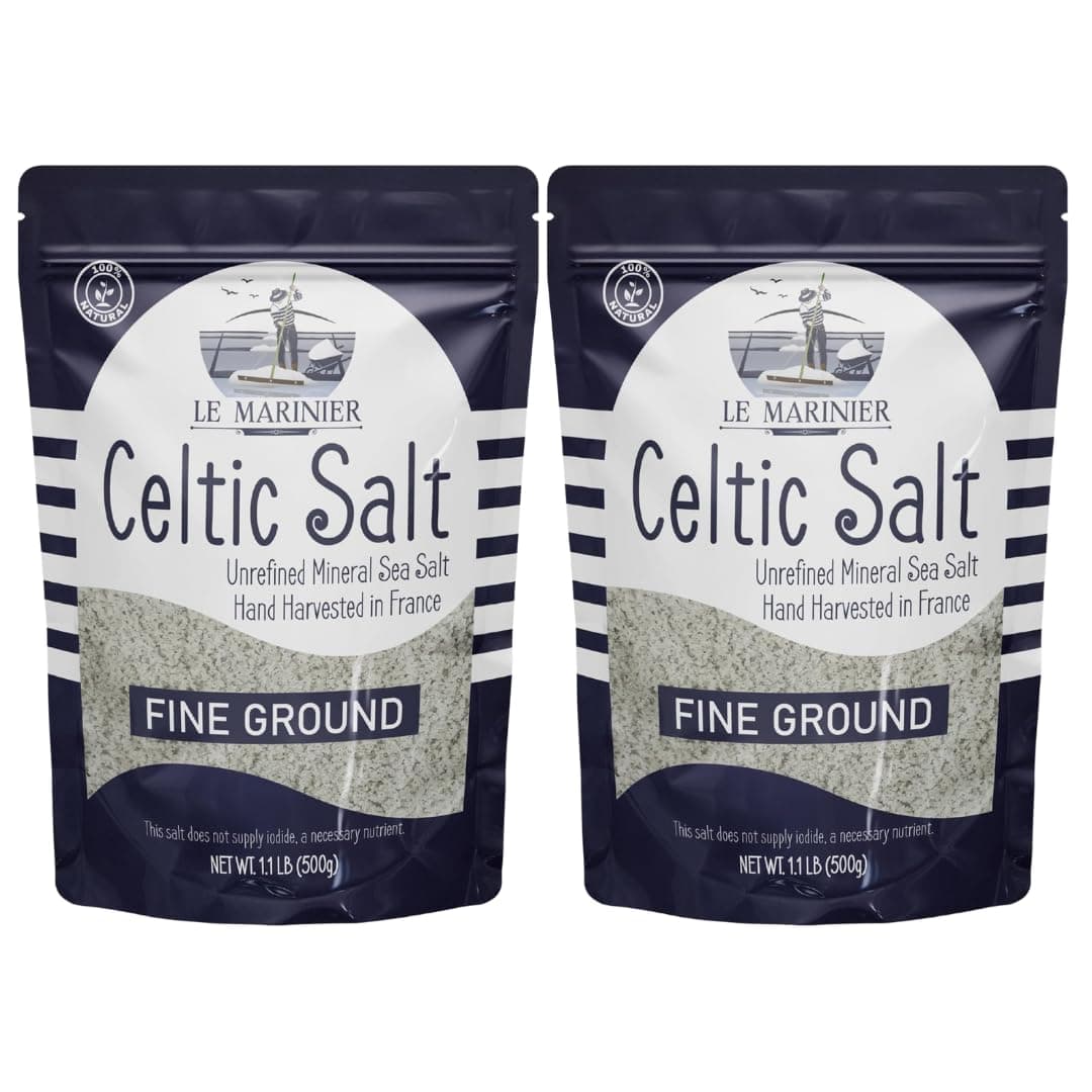 - Le Marinier Celtic Salt Organic Fine Ground, 1.1lb - 18oz, Pack of 2. Mineral Rich Unrefined 100% Natural, Hand Harvested Mineral French Sea Salt (1.1lb Fine Ground - Pack of 2)