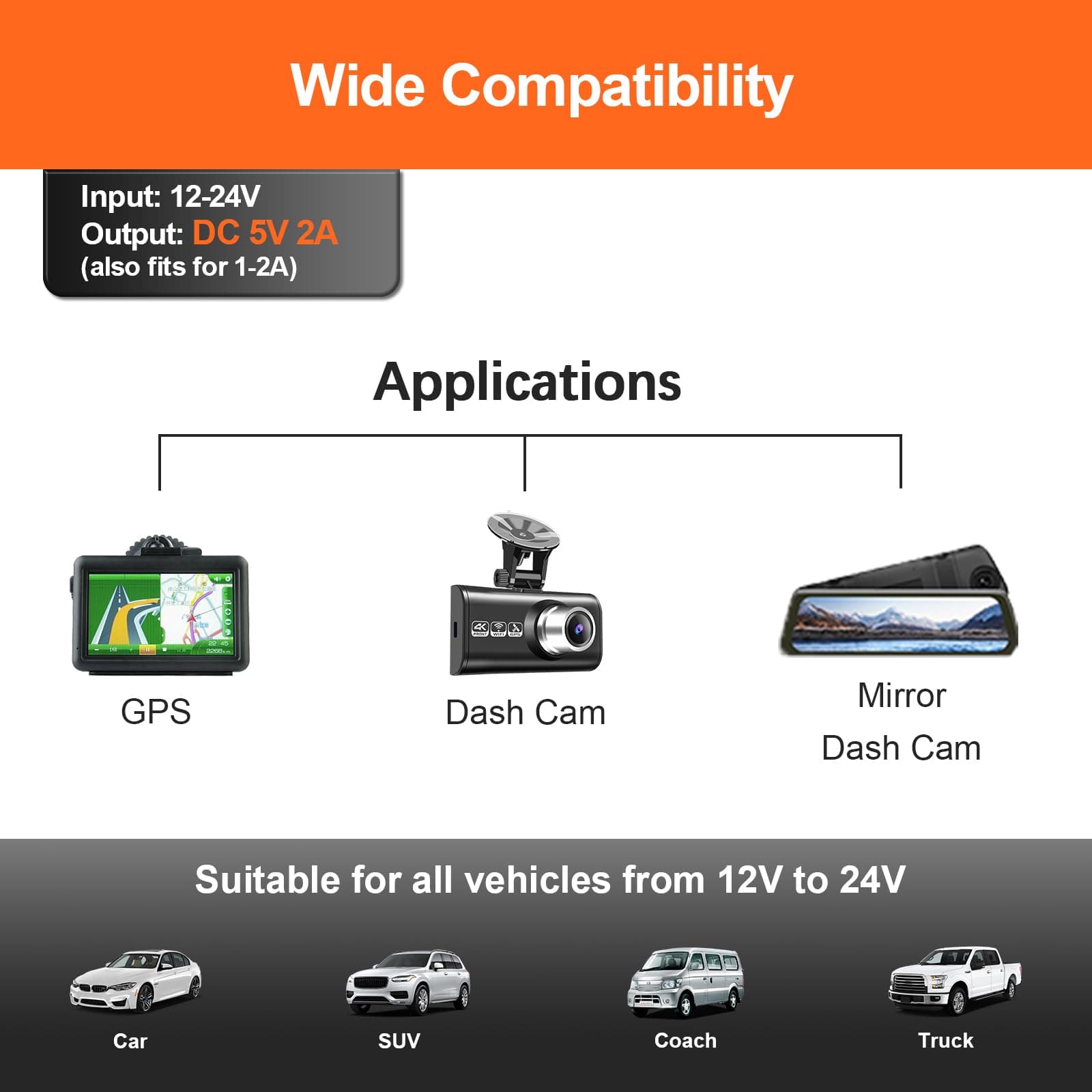 Dash Camera Car Charger, Mini USB and Micro USB Interfaces, L-Type Driving Recorders Power Cord Universal Car Adapter Power Cord 3.5m/11.5ft 12V/24V to DC5V 2A(L interface)