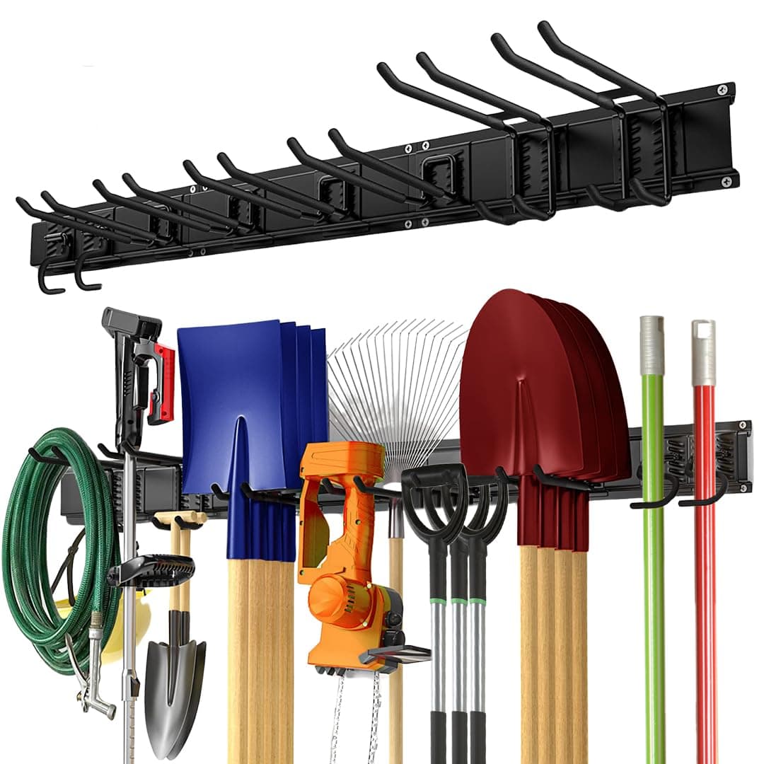 LENND Garage Tool Organizer Wall Mount 11 PCS, Adjustable Garage Organizers with 8 Heavy Duty Hooks, Yard Garden Tool Organizer,Max Load 226kg Garage Storage for Garden Tools, Shovels, Trimmers.
