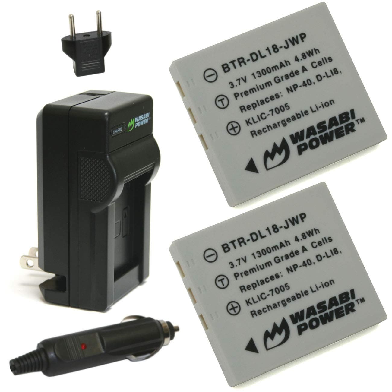 Wasabi Power Battery (2-Pack) and Charger for Pentax D-LI8, D-LI85, D-L18 and Pentax Optio A10, A20, A30, A36, A40, E65, L20, S, S4, S4i, S5i, S5n, S5z, S6, S7, SV, SVi, T10, T20, W10, W20, WP, WPi, X