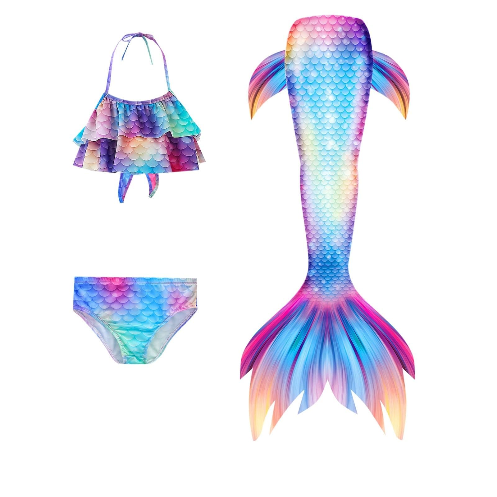 3Pcs 𝙂irls Swimsuit 𝙈ermaid 𝙏ail for Swimming Gradient Bikini Bathing Suit Set Cosplay Clothing Set