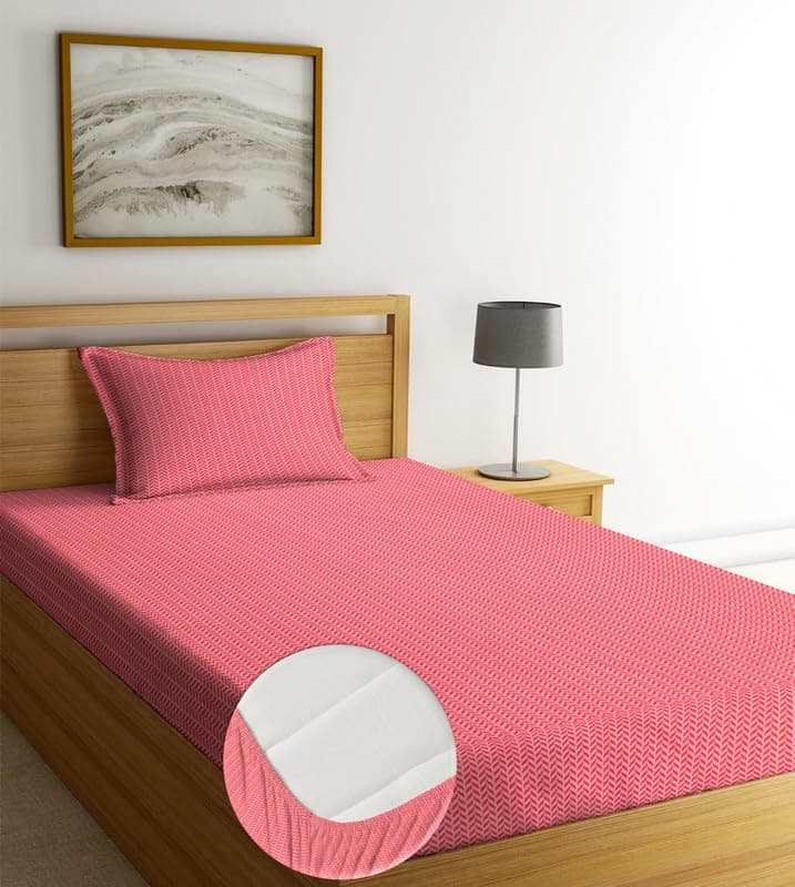 NEW LEAF Pure Cotton Elastic Fitted Bedsheets with 1 King Size Pillow Covers | Single Mattress Bed with All Around Elastic 210tc Supersoft | Size - 72 x 36 +6 inches | Texture, Dark Pink