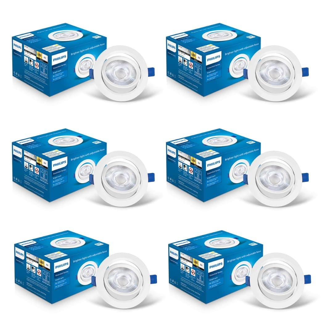 Philips 6 Watt White LED Ceiling COB Round Spot Light with Adjustable Tilt | Cut out: 73mm | Natural White, Pack of 6 (BrightSpot)