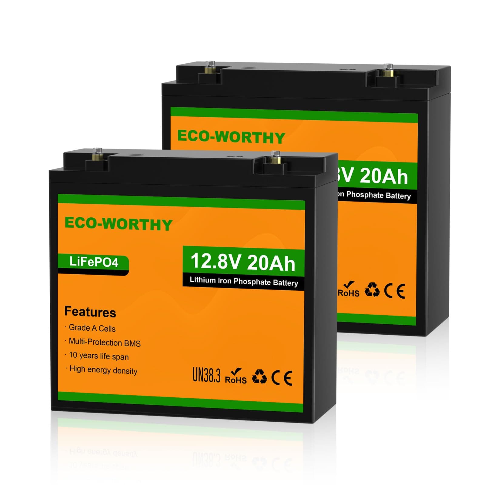 2 Pack 12V 20Ah Lithium Battery, 3000+ Deep Cycle Rechargeable LiFePO4 Lithium Ion Phosphate Battery with BMS for Fish Finder, Outdoor Camping and Ham Radio