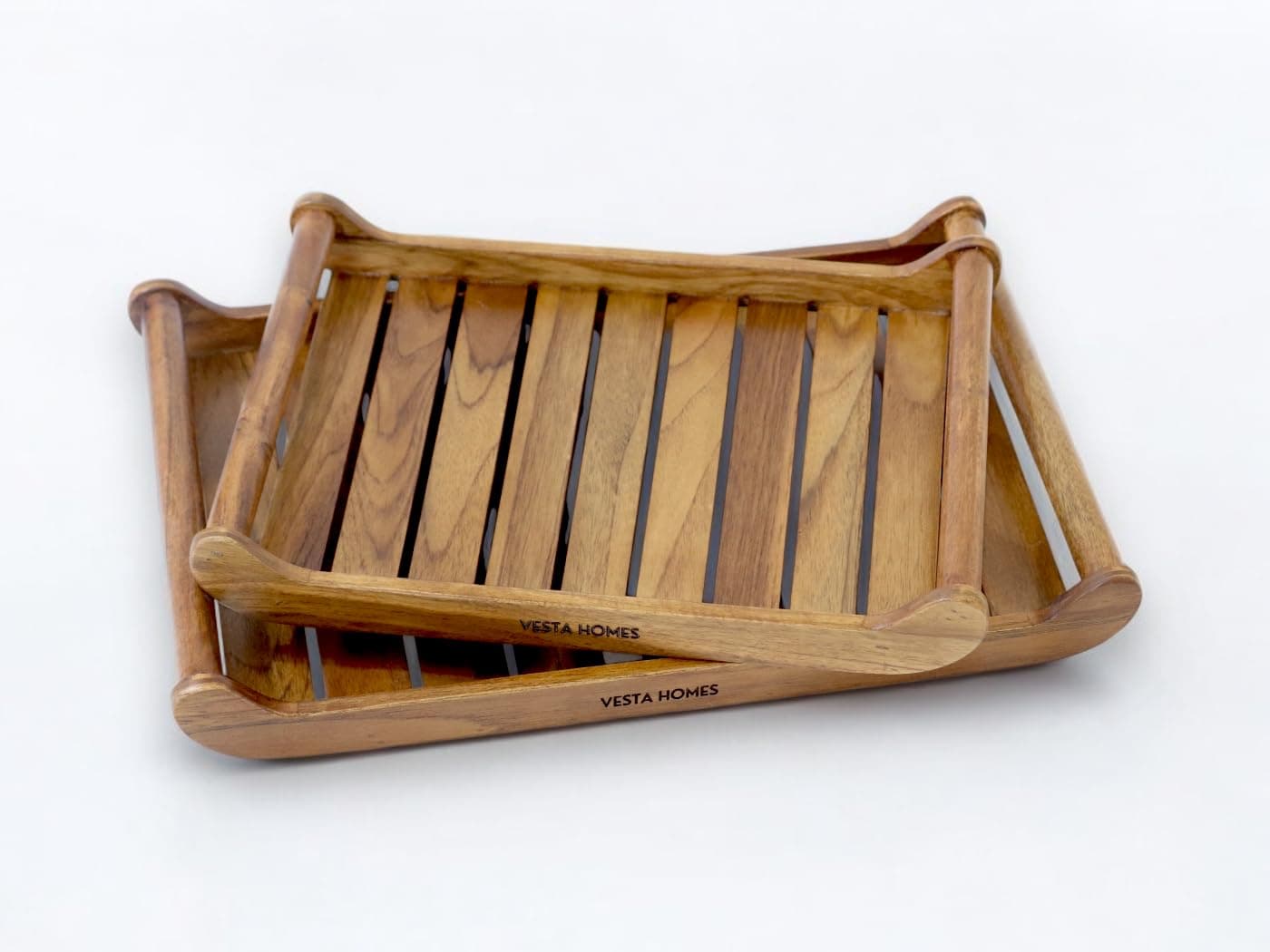 Vesta Homes Set of 2 Romper Teak Wood Rectangular Serving Tray for Home/Kitchen/Restaurant/Office Organizer/Dining Table|Premium Wooden Trays|45.5 X 30.5 ; 38 x 25 cm | Handcrafted in India