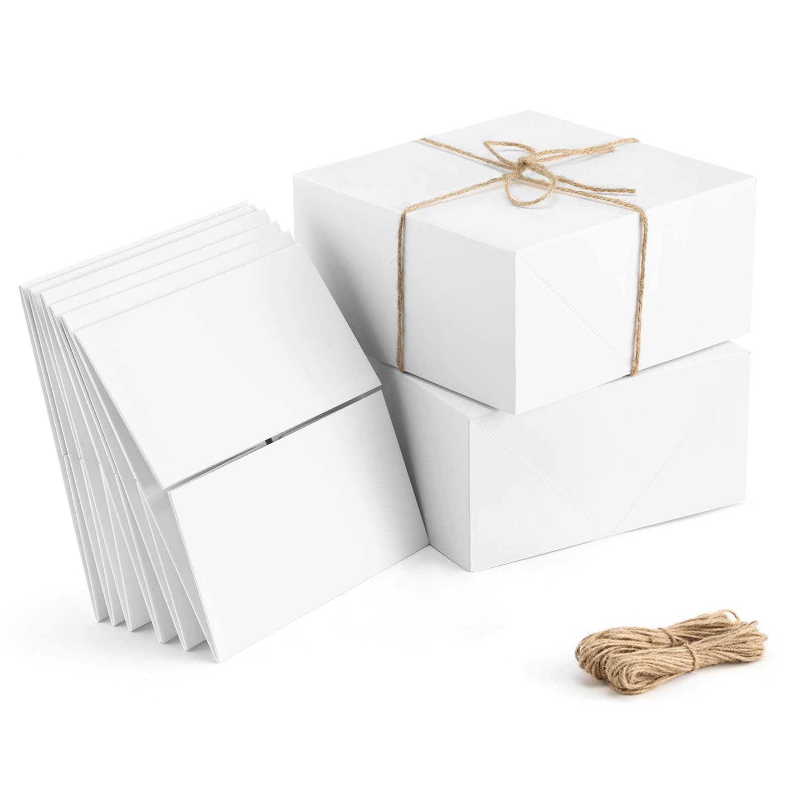 Premium Gift Boxes 10 Pack 8 x 8 x 4 White Paper Gift Boxes with 20 Meters Hemp Rope for Christmas Gifts, Bridesmaid Proposal Boxes, Easy Assemble Boxes