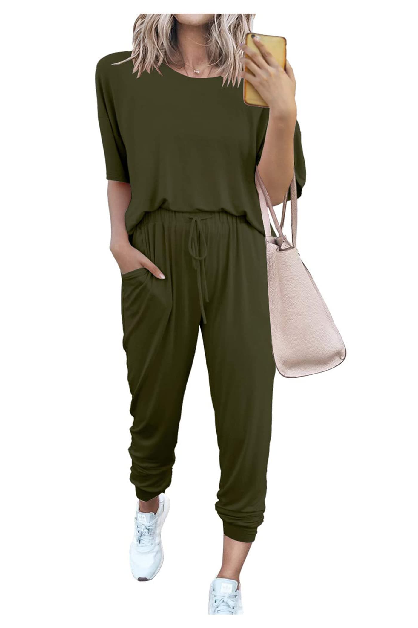 PRETTYGARDEN Women's Two Piece Outfit Short Sleeve Pullover with Drawstring Long Pants Tracksuit Jogger Set