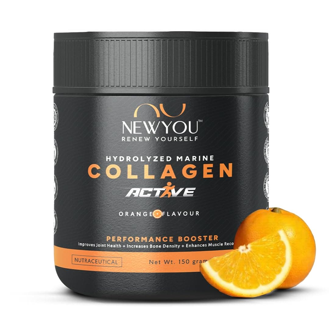 NEWYOU Active Marine Collagen Powder | Joint Support, Muscle Recovery & Bone Health | With Glucosamine, Chondroitin, Hyaluronic Acid & Vitamin C | Orange Flavour | 150g