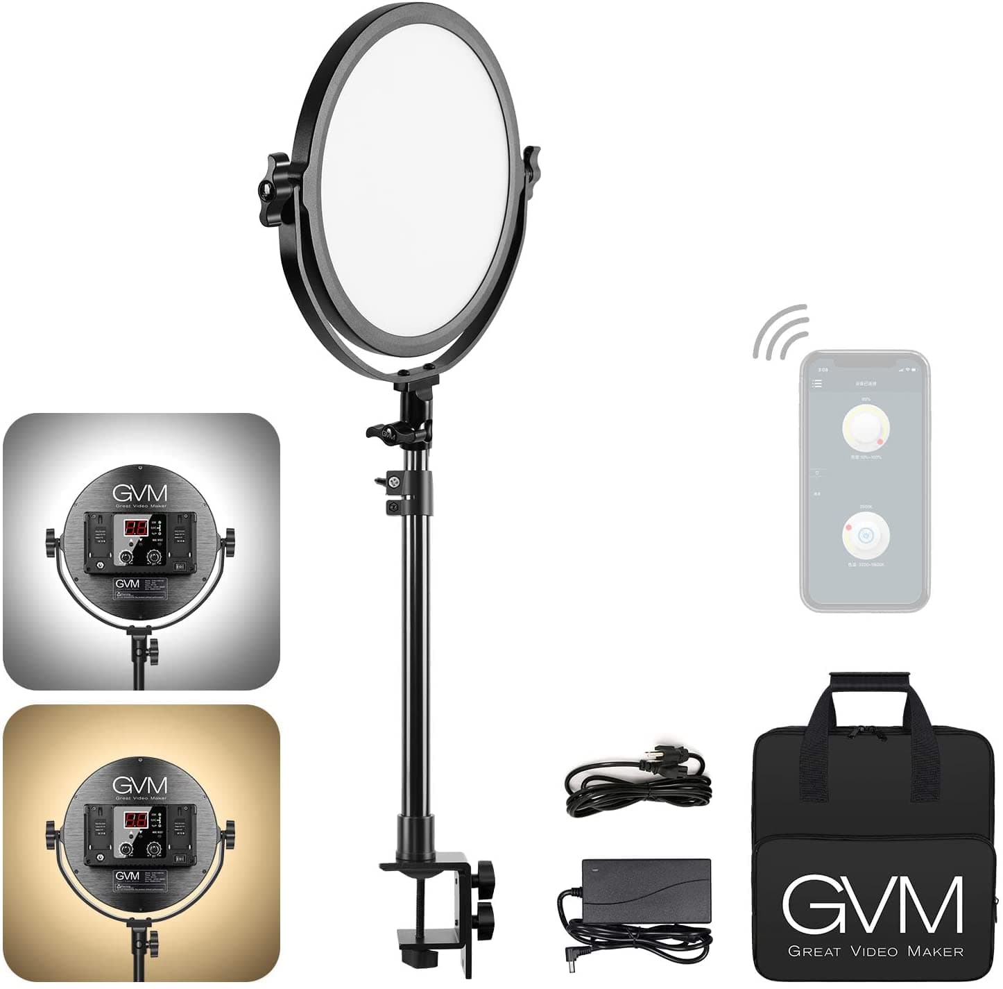 - GVM Desk Mount LED Video Light, 10'' Round Key Light with Built-in Diffuser and LCD Display, Bi-Color Professional Light for Game/Studio/Streaming/YouTube Video Shooting, APP Control CRI 97+