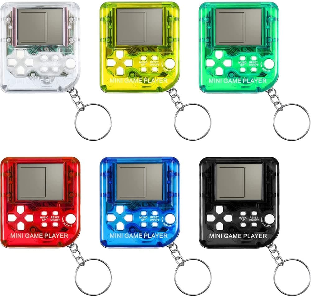 ELECDON Brick Game Console Keychain Mini Brick Game Toy Keychain Classical Portable Game Console With Hanging Chain Birthday Party Favor, 6 Pieces ( Black, Red, Blue, Green, Yellow, Transparent )