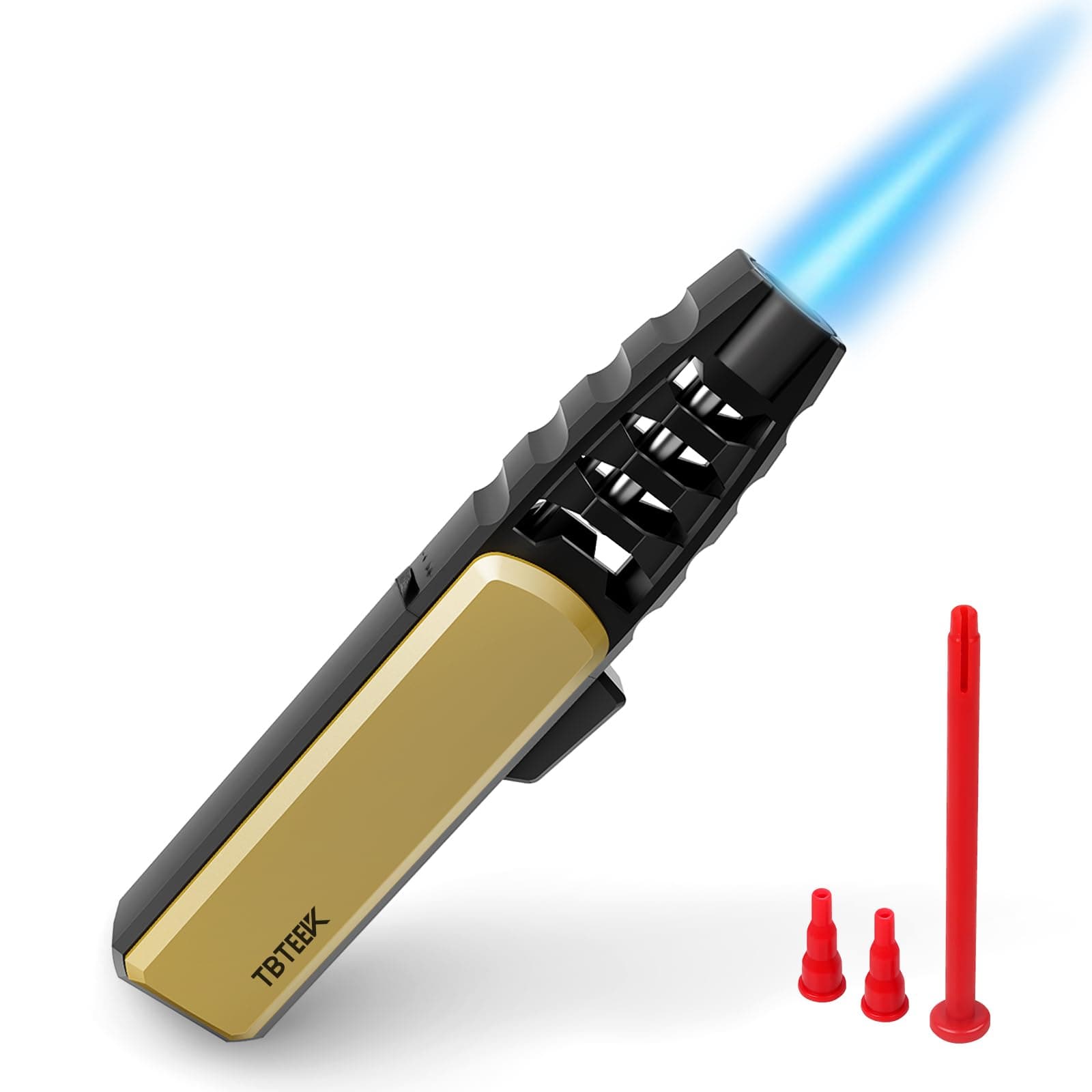 TBTeek Butane Torch Lighter - Adjustable Jet Flame Lighter, Refillable Bright Fire Blow Torch, Cooking Lighter with Safety Lock for creme, BBQ, Baking, Candle, Camping, Gold (Gas Not Included)