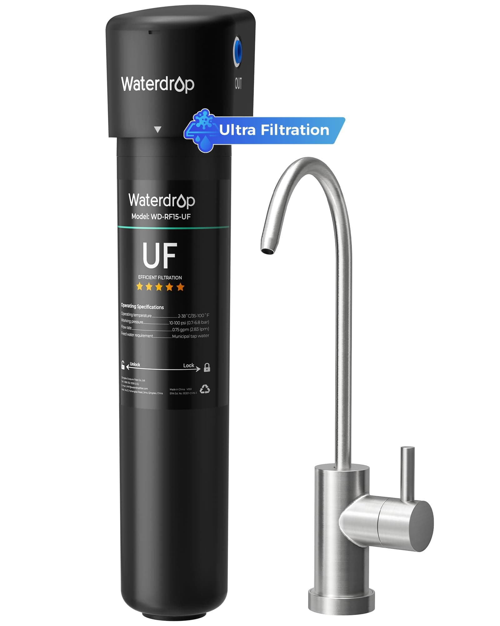 Waterdrop 15Ub-Uf Under Sink Water Filter System, 0.01 Micron Ultra Filtration Under Counter Drinking Water Filtration System, With Dedicated Brushed Nickel Faucet, 16K High Capacity, Usa Tech, Black