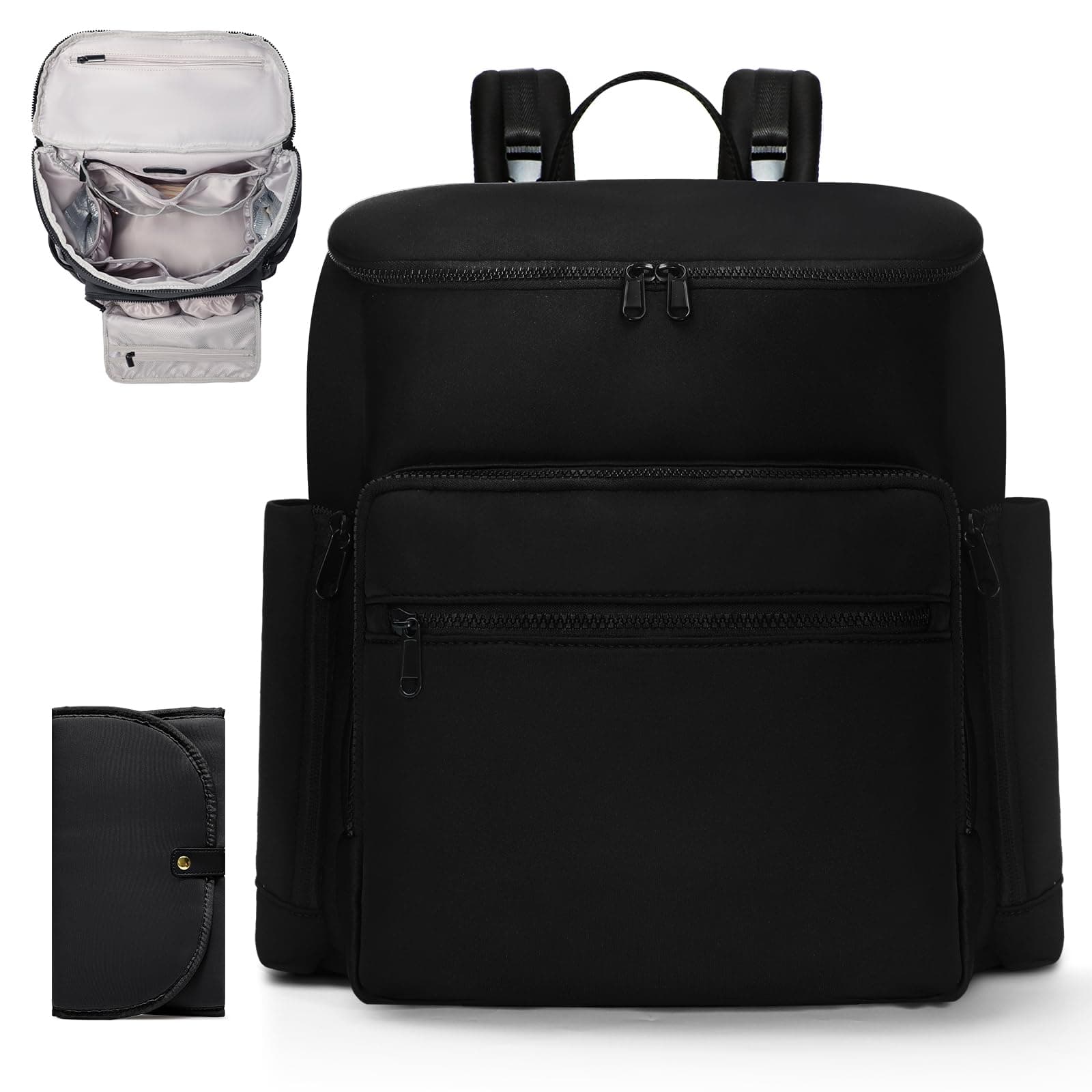 Diaper Bag Backpack, Neoprene Bag Backpack, Large Diaper Backpack with 16 Diaper Bag Organizers, 4 Insulated Pockets, Lighweight Travel Baby Bag with Changing Pad for Mom & Dad, Black