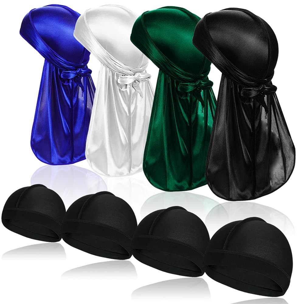 TSKNOMO4 Pcs Silky Durag Pack Doo Rag with Long Tail and 4 Pcs Satin Wave Cap Perfect for Men 360 Waves