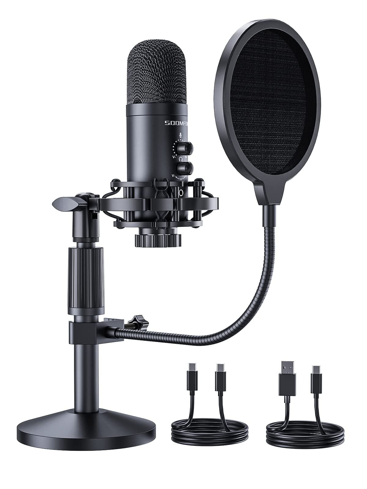 SOOMFON USB Condenser Microphone for PC PC Microphone with Liftable Stand, Real-time Monitoring and 3.5mm Headphone Output, for Gaming, Podcasting, Streaming and Recording