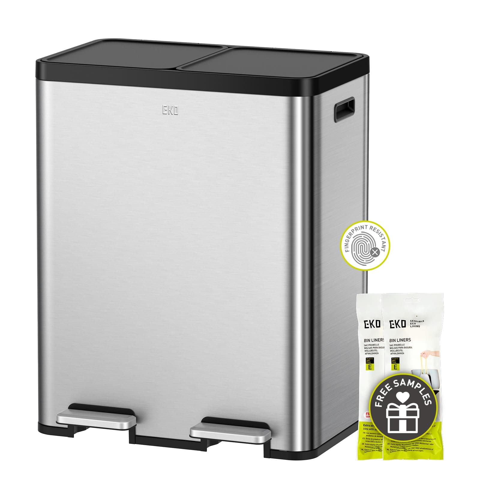 EKO Essential 8+8 Gallon Dual Trash Can, Kitchen Step Recycle Trash Can with Dual Removable Bucket, Independent Lids and Pedals, Brushed Stainless Steel