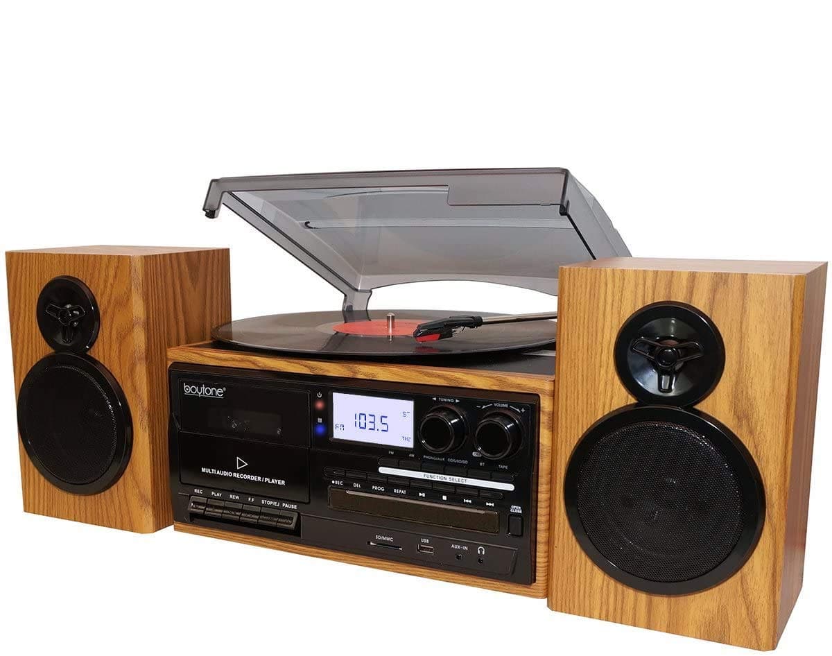 Boytone BT-28SPW Bluetooth Classic Record Player Turntable All-in-One with AM/FM Radio, CD/Cassette Player, 2 Separate Stereo Speakers, Record from Vinyl, Radio, and Cassette to MP3, SD slot, USB, AUX
