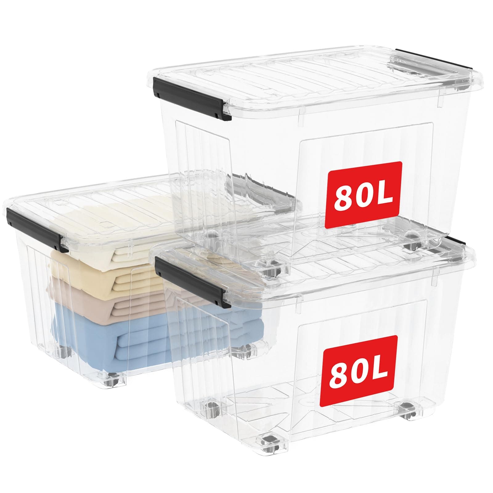 Cetomo 80L*3 Storage Box Storage Bin With Wheels Storage Container with Click Closure and Lid Stackable Transparent Organizer