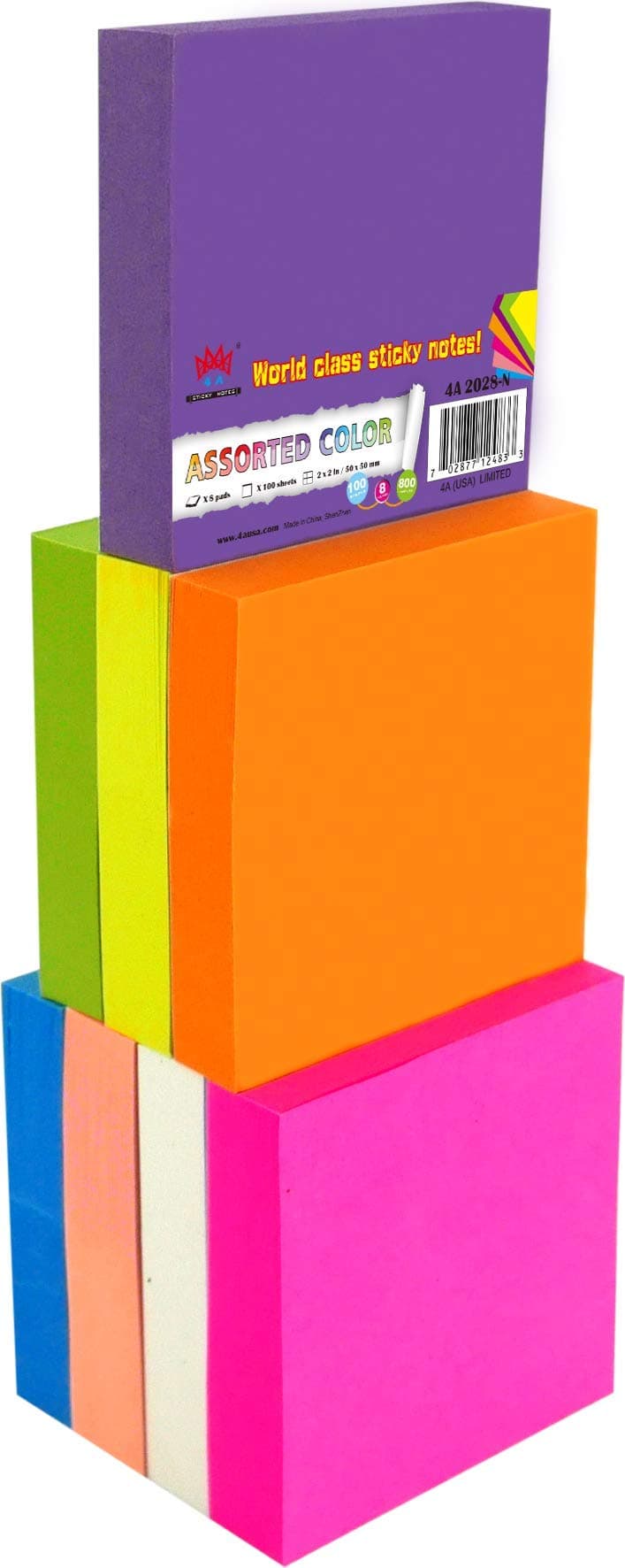 2028-N Sticky Notes, 2 x 2 Inches, Small Size, Self-Stick Notes, 100 Sheets/Pad, 8 Pads/Pack, Neon Color