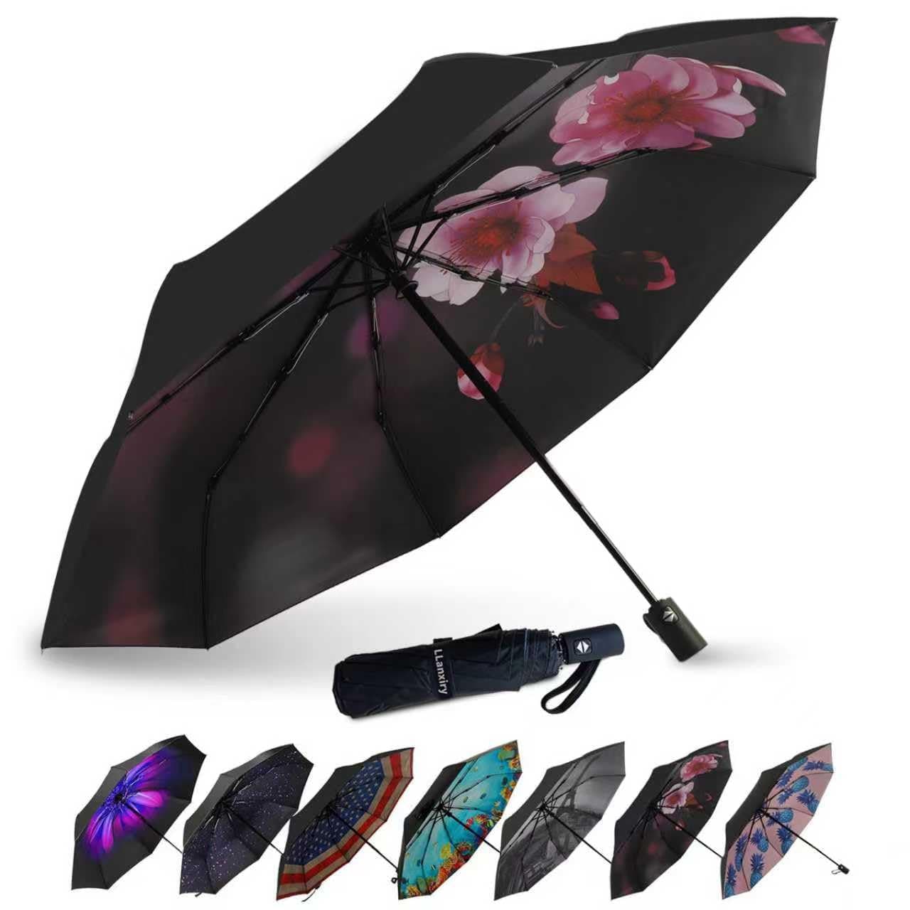 Compact Travel Umbrella, 44" Canopy, Automatic Open/Close Windproof Umbrella, 210T Pongee, 8-Rib Fiberglass, Travel Size Mini, Portable Rain/Sun Umbrellas UPF 50+ with Cover