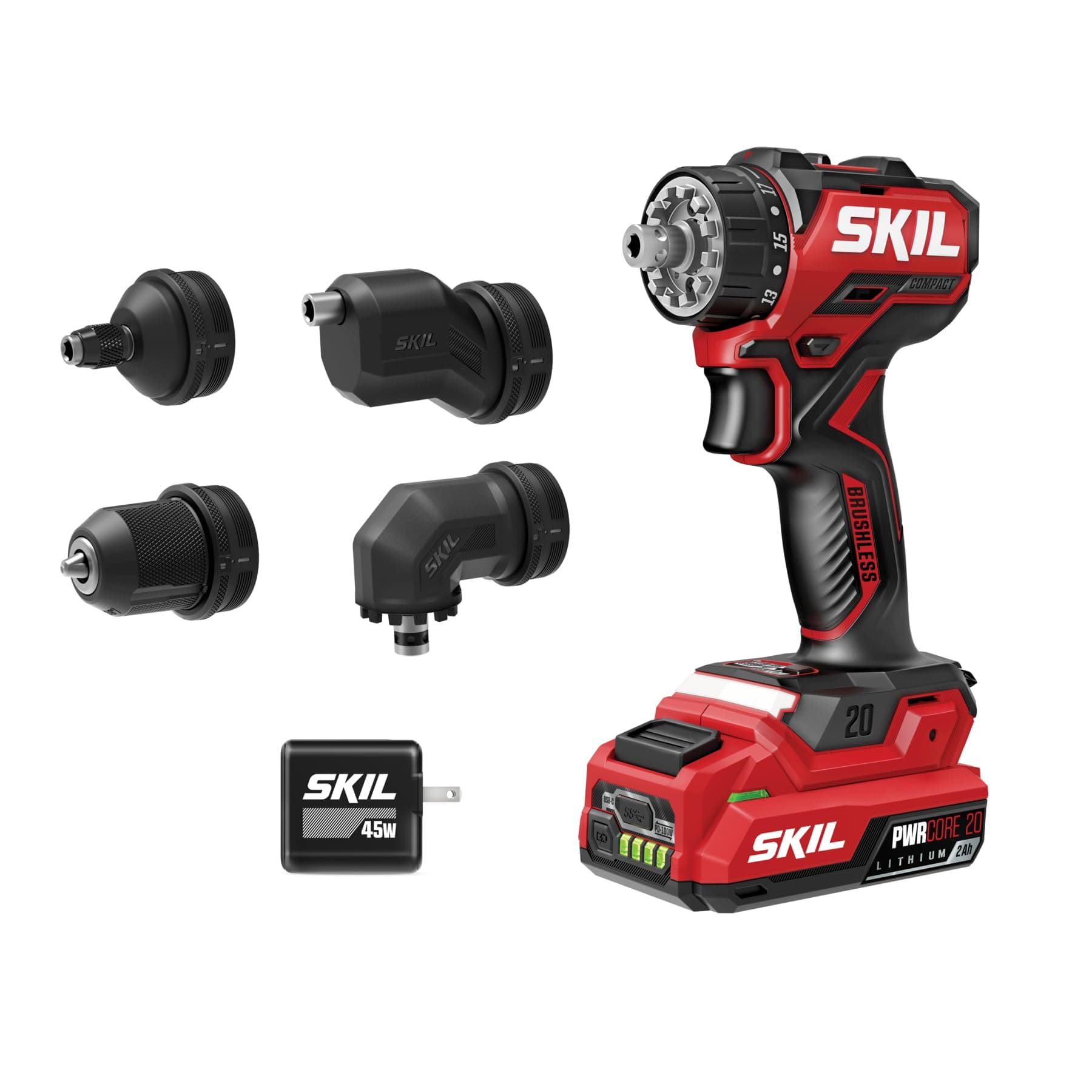PWR CORE 20 Brushless 20V Compact Multi-Head Drill Driver Kit, Includes 2.0 Ah USB-C Battery & PD Charger - QD6293B-10