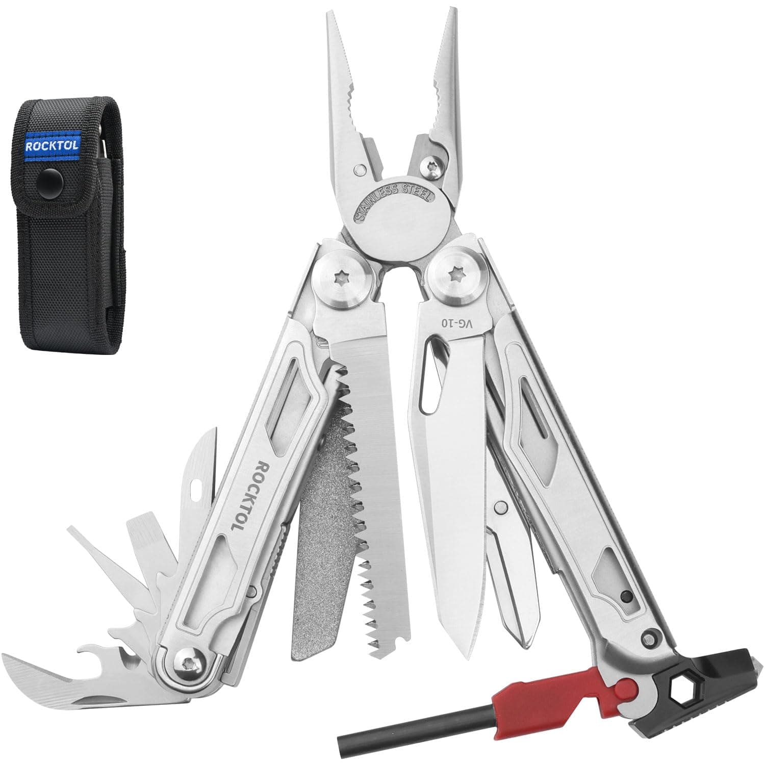 ROCKTOL Multitool SK04, VG-10 Blade, 22-in-1 Multi-tool Pliers with Fire Starter, Emergency Whistle, Glass Breaker, Safety Locking and Nylon Sheath for Survival, Camping, multi tool for men