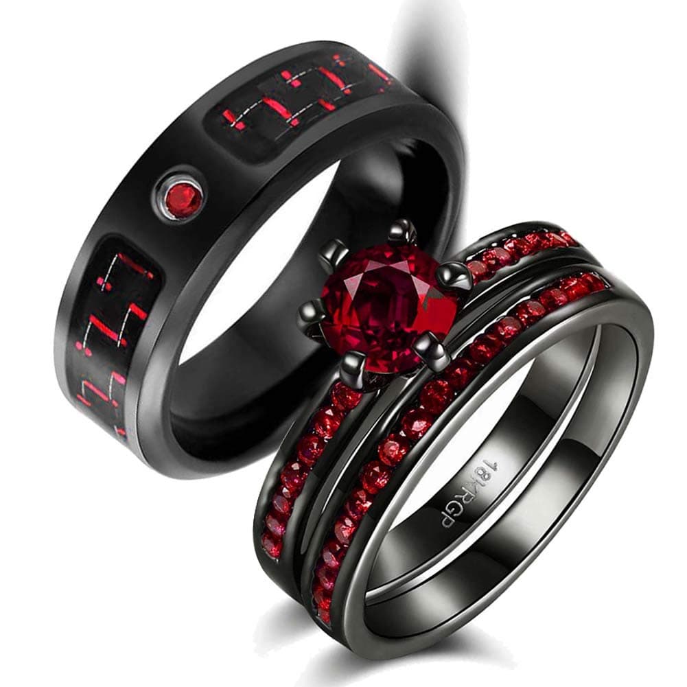 Two Rings His Hers Wedding Ring Sets Couples Matching Rings Women's 2pc Black Gold Filled Red CZ Wedding Engagement Ring Bridal Sets Men's Stainless steel Wedding Band