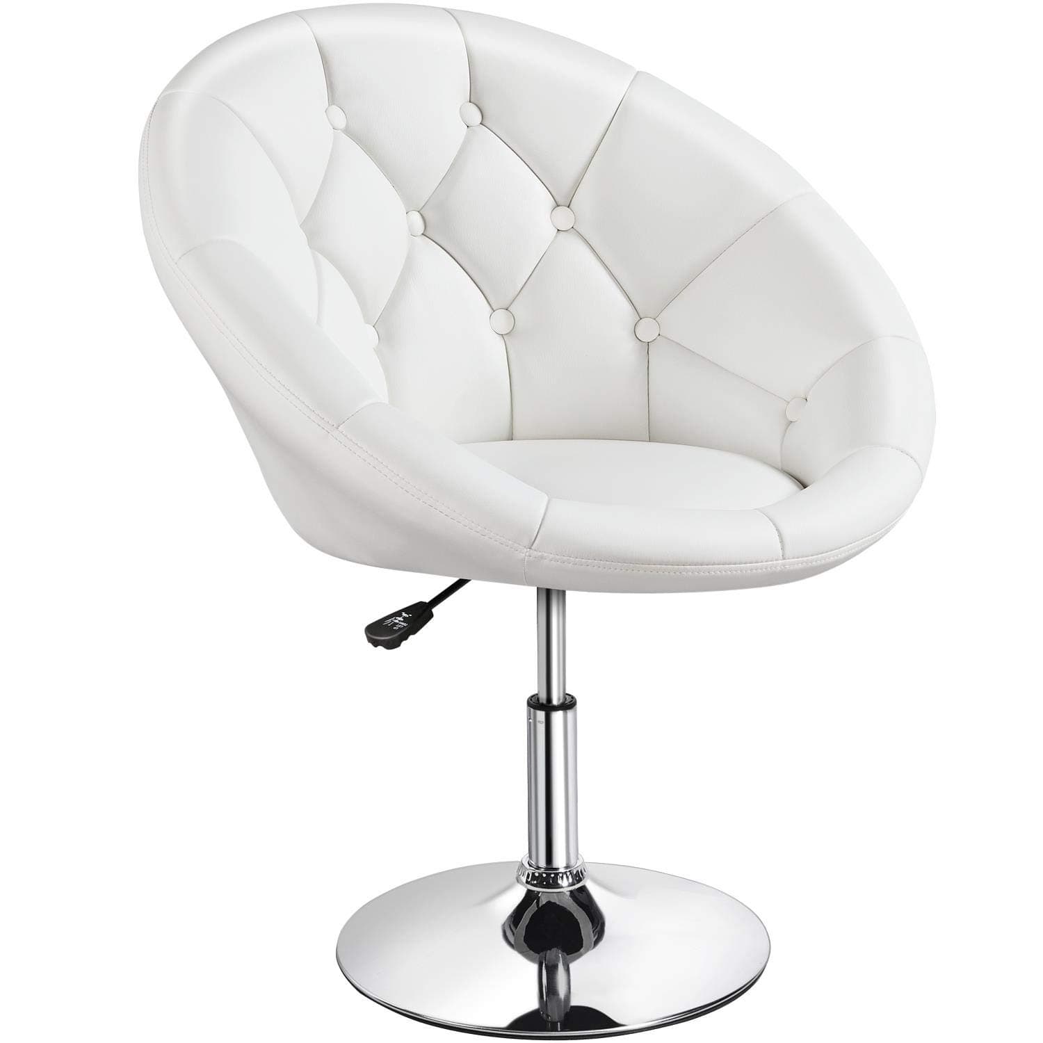 Adjustable Vanity Chair with Round Tufted Back, Swivel Leather Salon Chair for Bedroom, Living Room, Office, White