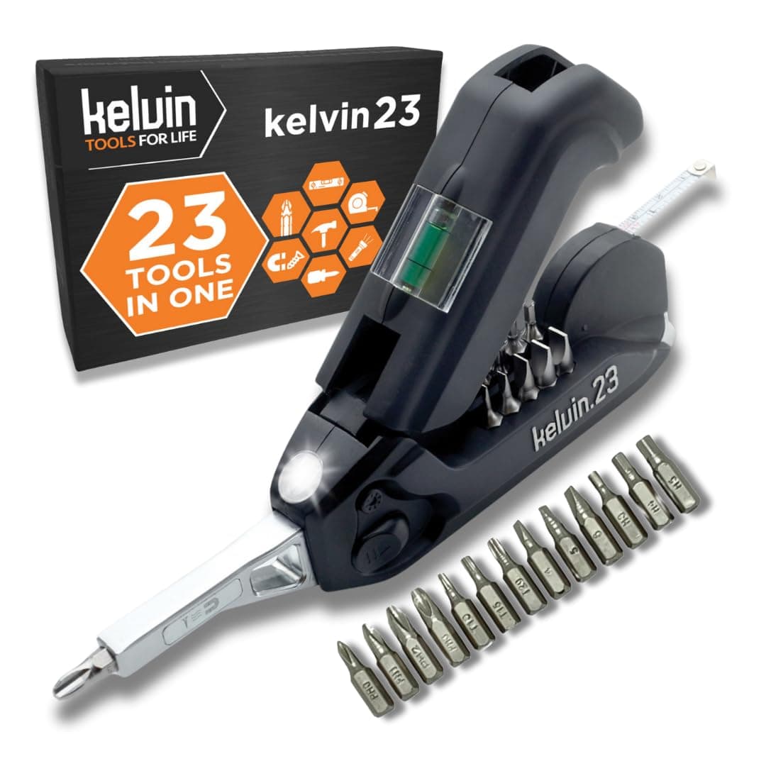 Tools Kelvin 23 Urban Multi Tool Screwdriver Set All in One with 16 Bit Set, Tape Measure, Liquid Level, Hammer, Flashlight Multibit Pocket Tool, Universal Precision Screwdriver - Black