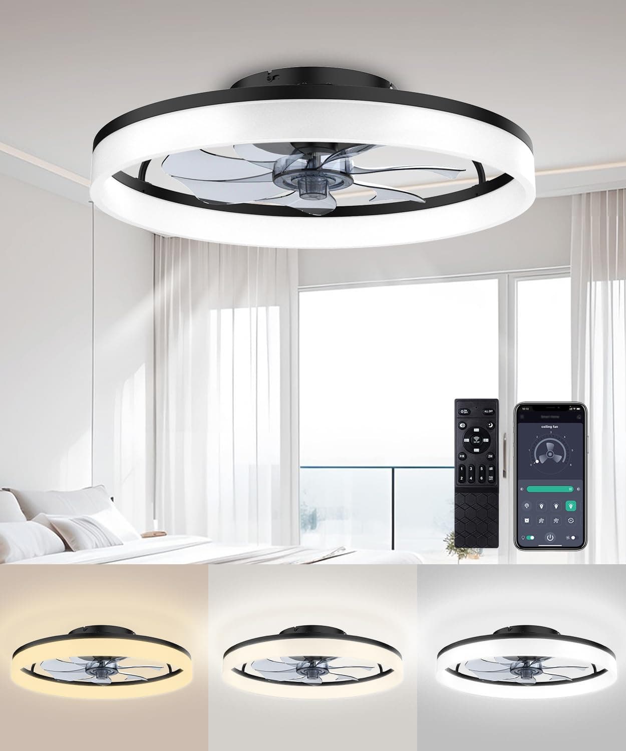 Ceiling Fans with Lights and Remote, 20" Modern Low Profile Ceiling Fan, 6-Speed Quiet Reversible Motor, Flush Mount LED Fan Light,Stepless Dimmable for Bedroom & Kids Room (Black)