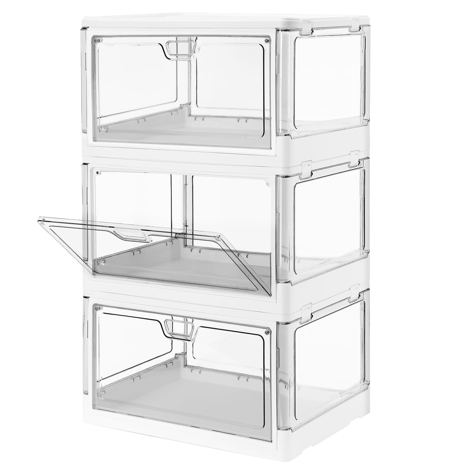3-Pack Clear Stackable Storage Bins with Lids Magnetic Doors Open Front Foldable Folding Plastic Craft Containers Large Closet Organizers Box for Bedrooms Living Rooms Study Kids' Toys 24 QT