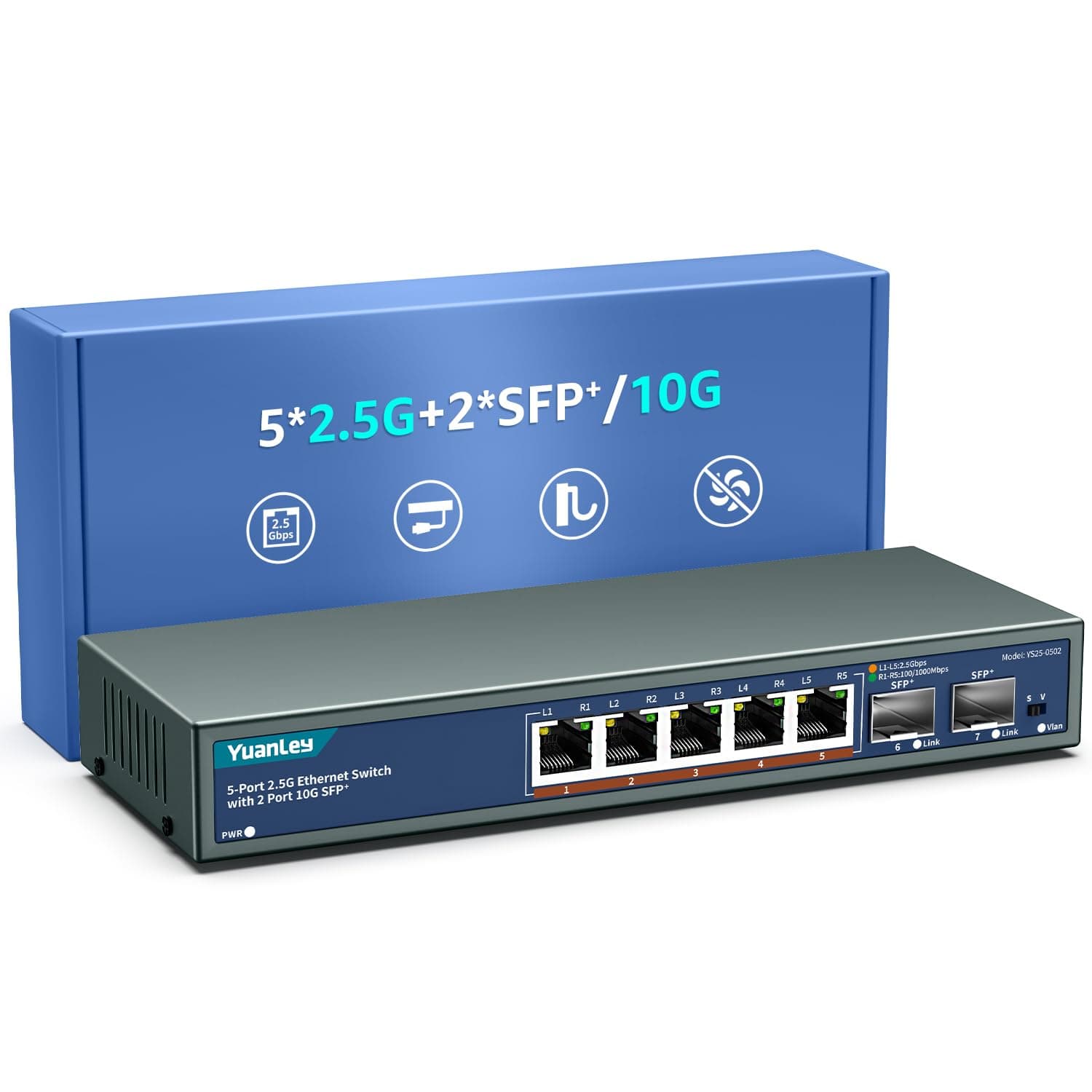 - 7 Port 2.5G Unmanaged Ethernet Switch, 5 x 2.5G Base-T Ports, 2 x 10G SFP, Compatible with 100/1000/2500Mbps, VLAN, Fanless, Desktop/Wall Mount YuanLey 2.5Gbe Network Switch for Wireless AP, NAS, PC
