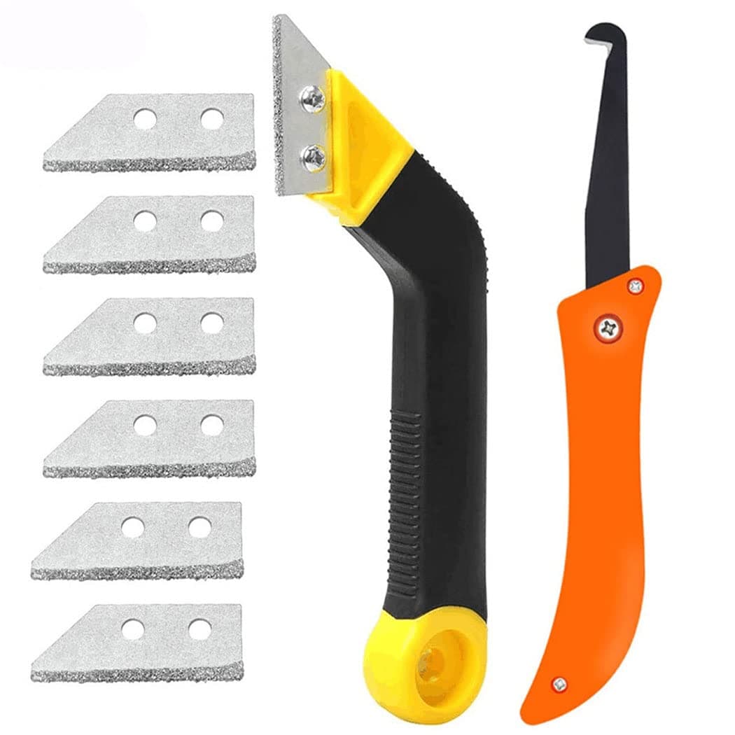 Grout Remover Tool, Grout Saw Angled Grout Scraping Rake Tool with 6 Pieces Extra Blades Replacement for Tile Cleaning