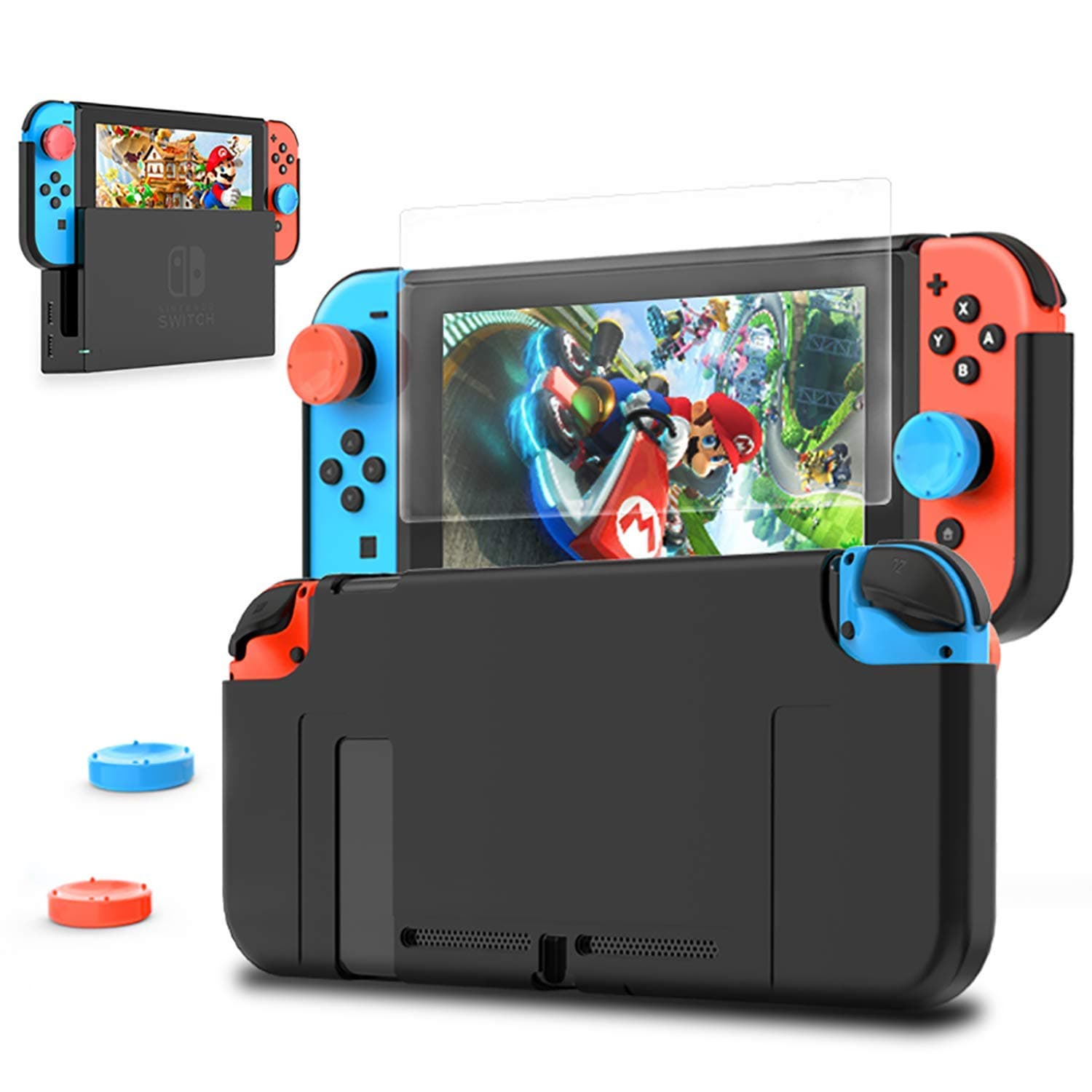 HEYSTOP Nintendo Switch Dockable Case, PC Protective Case for Nintendo Switch with a Tempered Glass Screen Protector and 2 Thumb Grips Caps - Black