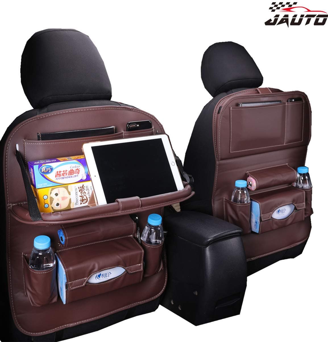 JAUTO Car Back Seat Organizer with Foldable Table Tray, PU Leather Car Back Seat Organizer for Kids Toy Bottles Storage with Foldable Dining Table Ipad Tablet Holder(Brown with Table Tray 2PC)