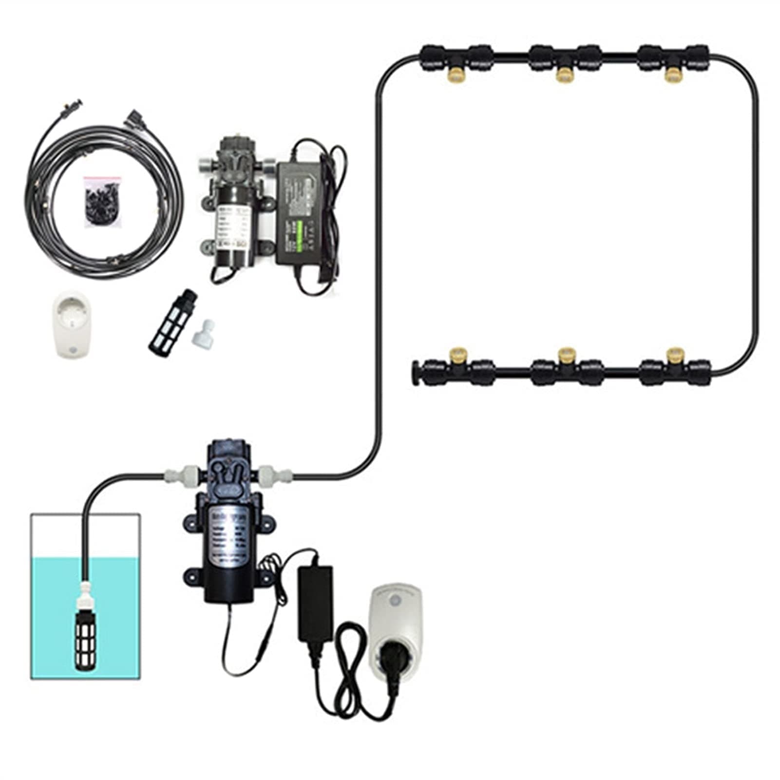 Outdoor Misting Cooling System Kit with 12v Pump and Filter, Misters for Patio with Brass Sprayers, Garden Cooling System DIY Micro Drip Irrigation System for Patio, Garden, Lawn, Home Irrigation