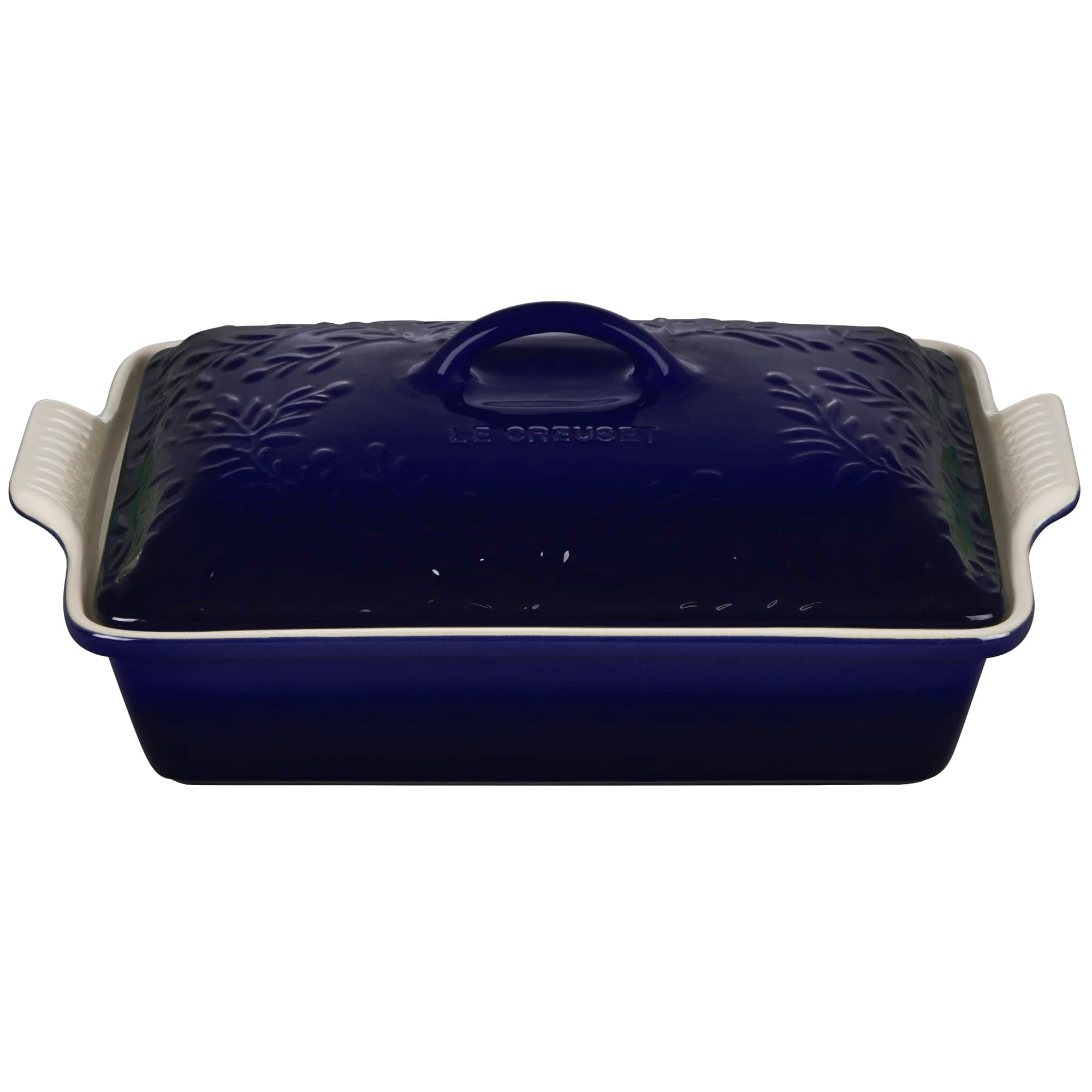 Le Creuset Olive Branch Collection Stoneware Heritage Covered Rectangular Casserole, 4 qt., Indigo with Embossed Lid