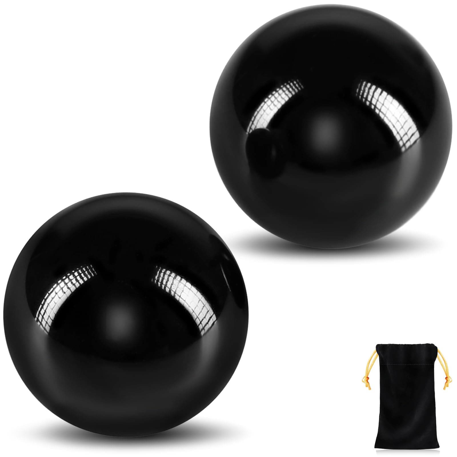 Learay 2 Pcs Black Obsidian Baoding Balls, Chinese Health Exercise Massage Balls with Carry Pouch for Stress Relief Hand Exercise Balls (Black/2 inch)